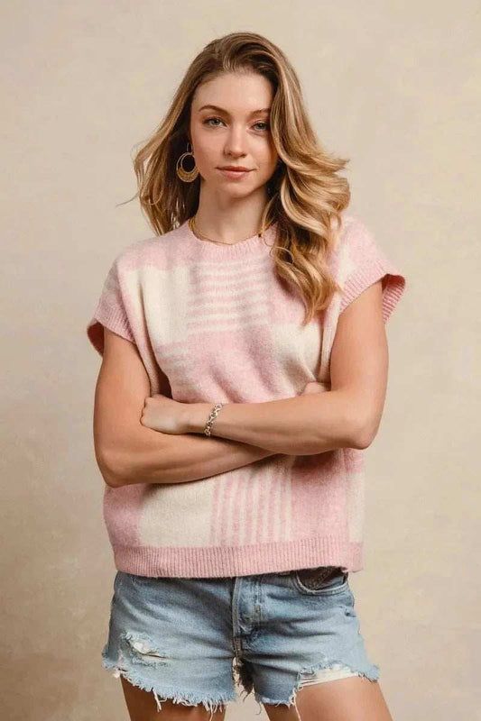 BiBi Checker With Stripes Pattern Sleeveless Sweater - Trendsi - Flyclothing LLC