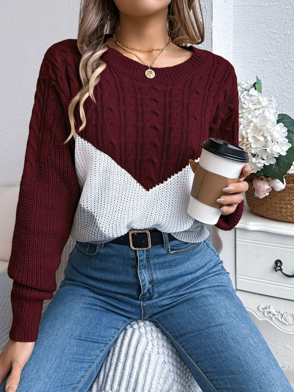 Cable-Knit Color Block Round Neck Sweater - Trendsi - Flyclothing LLC