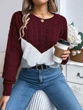Cable-Knit Color Block Round Neck Sweater - Trendsi - Flyclothing LLC