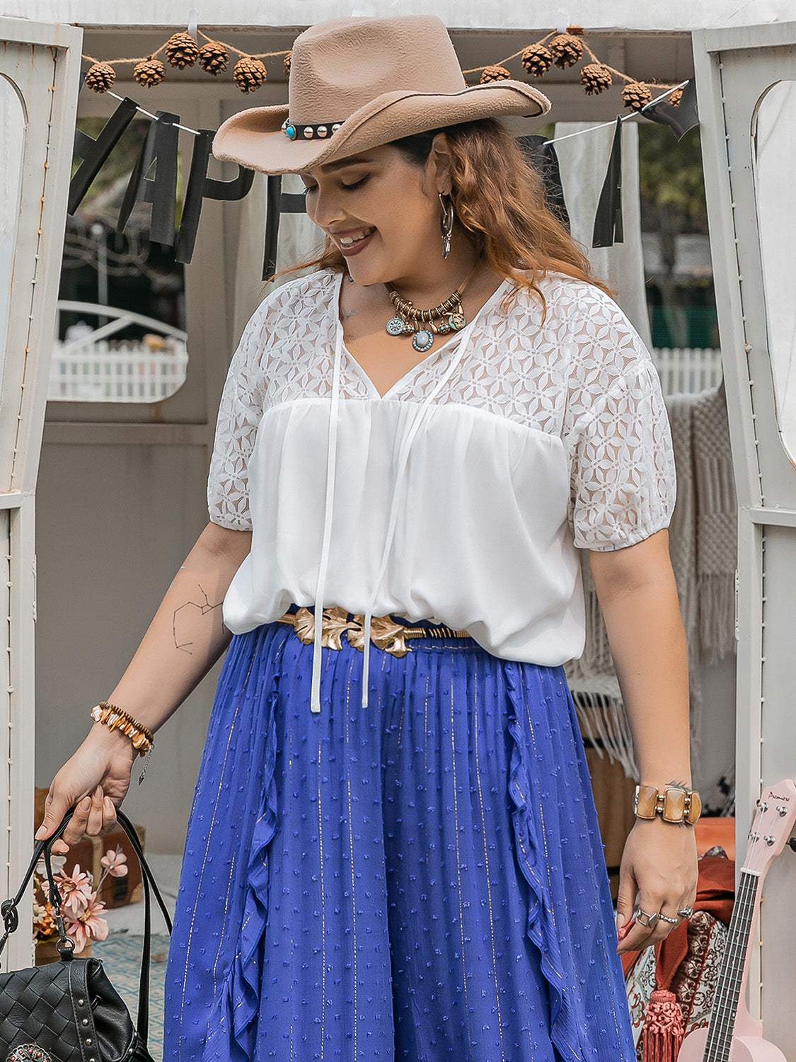 Plus Size Tie Neck Short Sleeve Blouse - Trendsi - Flyclothing LLC