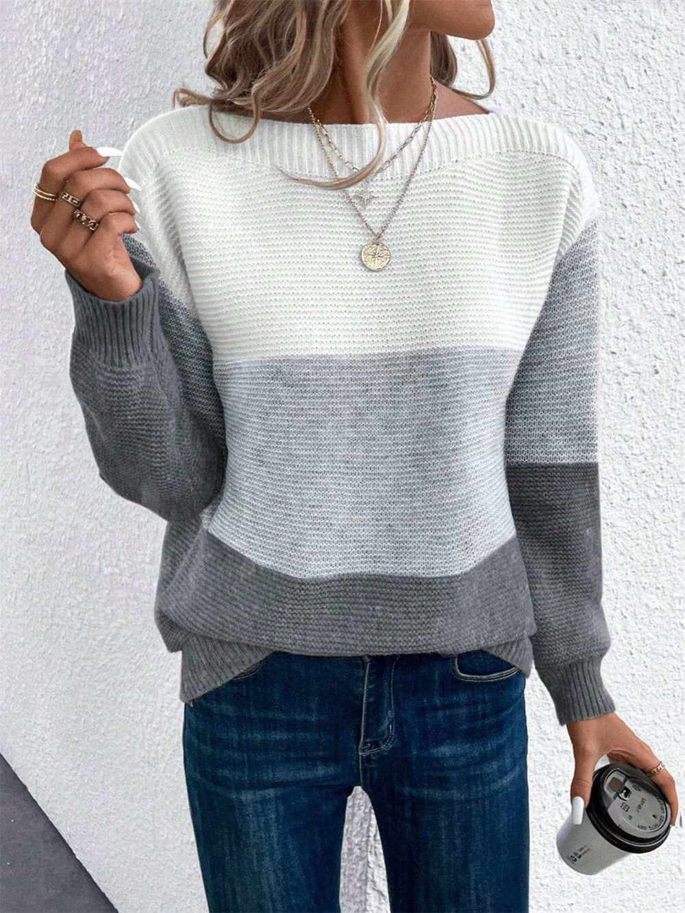 Color Block Boat Neck Sweater - Trendsi - Flyclothing LLC