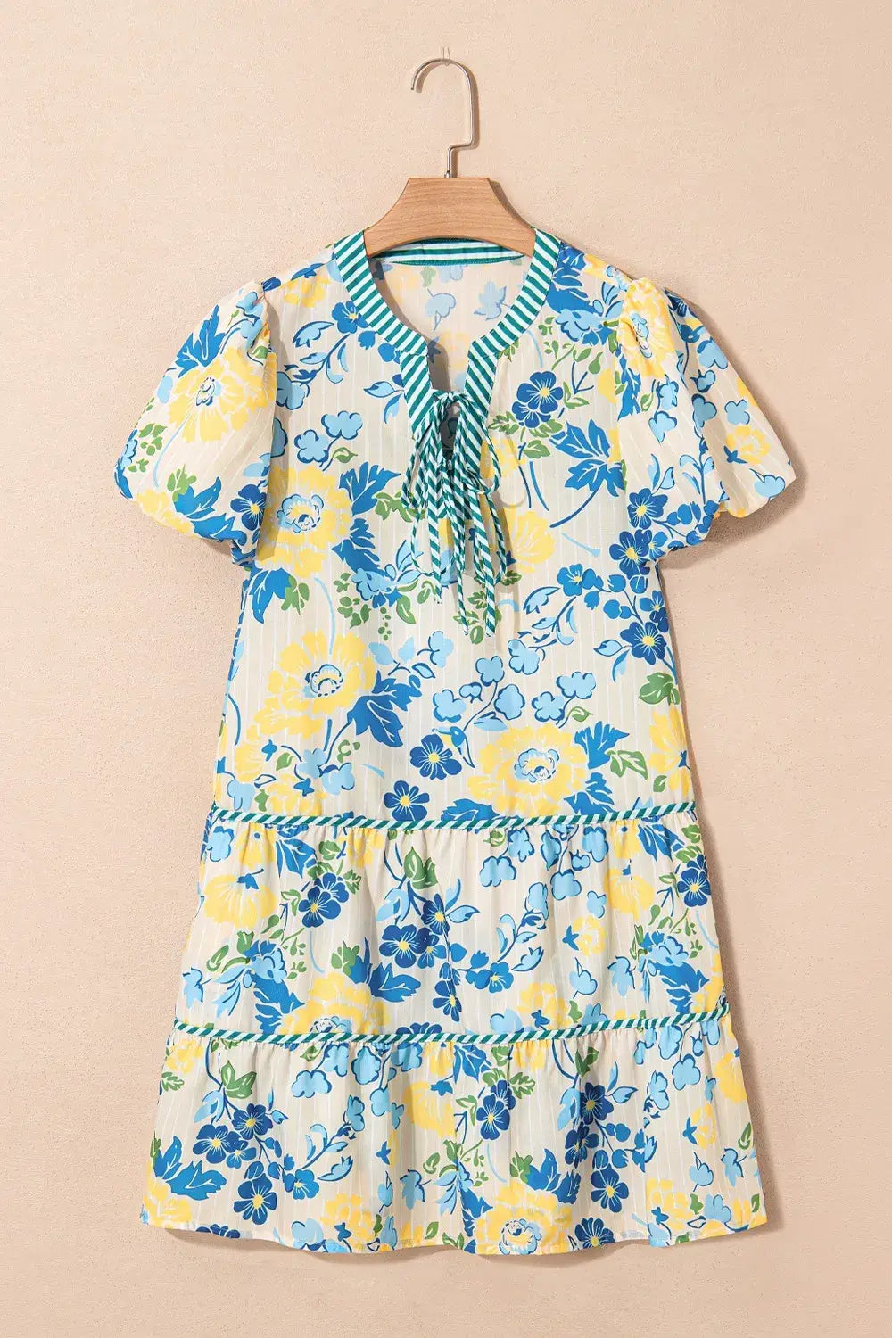 Floral Striped Trim Puff Short Sleeve Dress - Trendsi - Flyclothing LLC