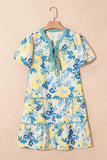 Floral Striped Trim Puff Short Sleeve Dress - Trendsi