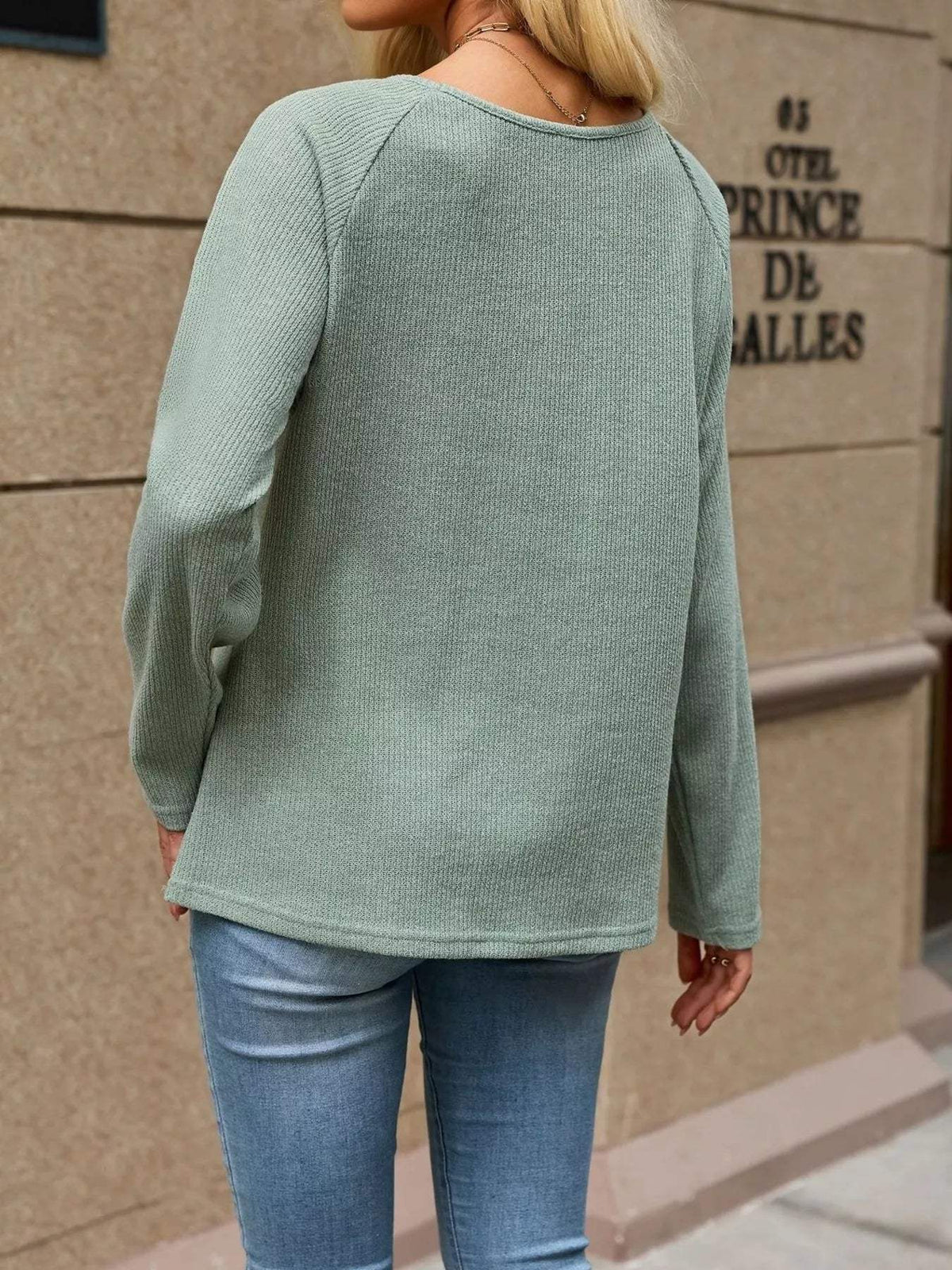 Ribbed Knit Raglan Sleeve T-Shirt - Trendsi - Flyclothing LLC