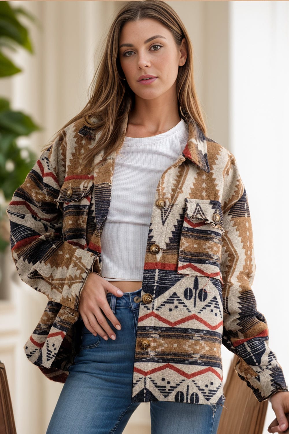 Geometric Button Up Long Sleeve Jacket - Trendsi