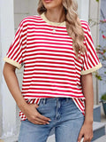 Striped Round Neck Half Sleeve T-Shirt - Trendsi - Flyclothing LLC