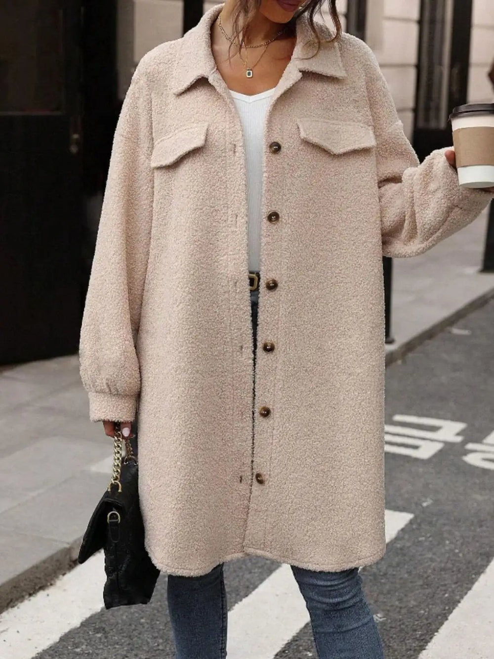 Button Up Drop Shoulder Sherpa Coat - Trendsi