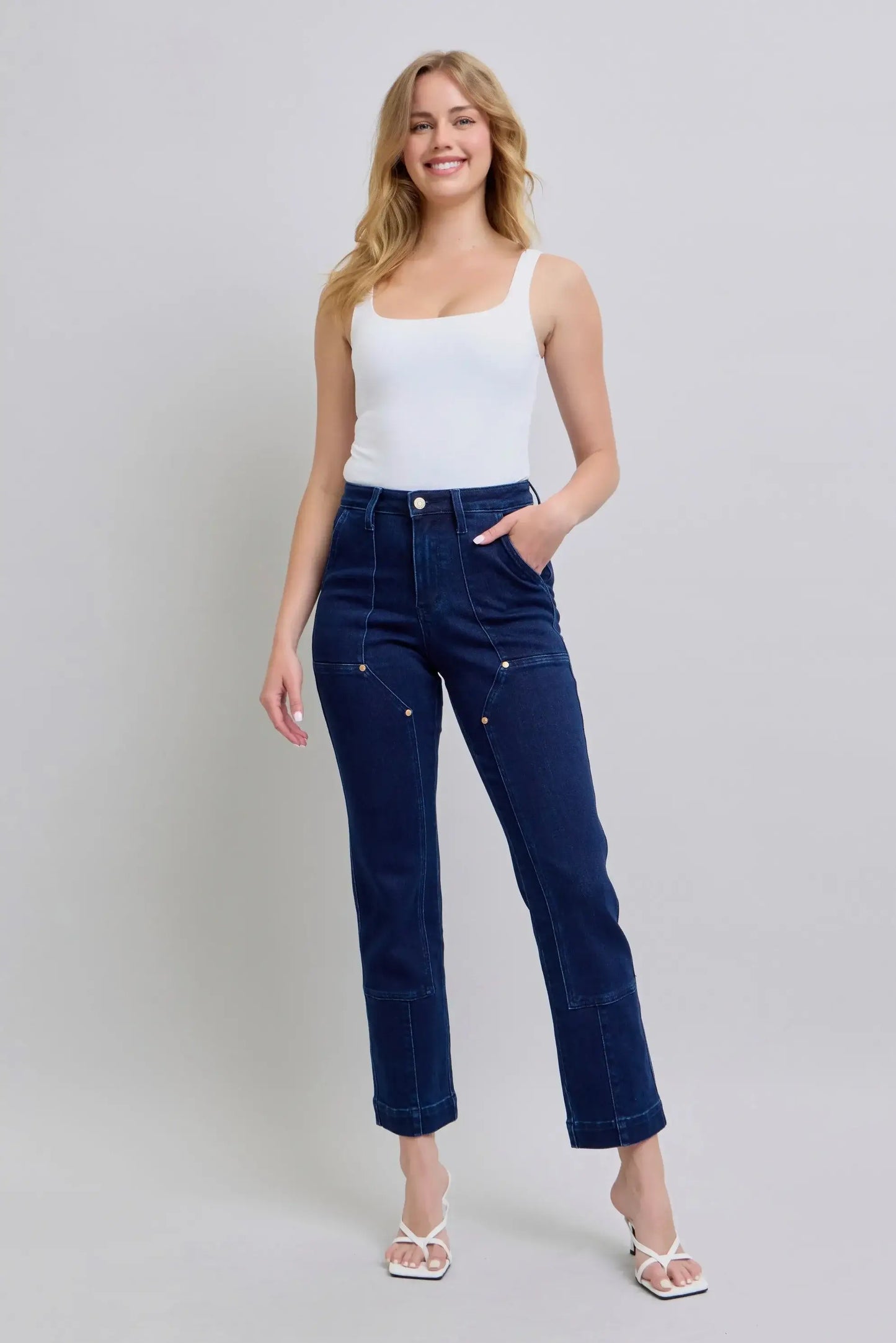 Judy Blue Full Size Hw Work Wear Knee Patch Straight Jeans Plus Size - Trendsi - Flyclothing LLC