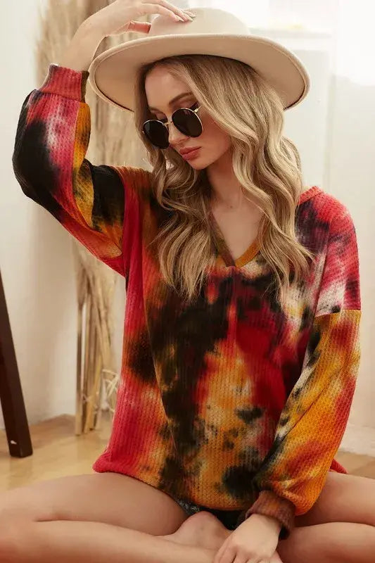 BiBi Tie Dye Brushed Waffle Top With Bubble Sleeves - Trendsi - Flyclothing LLC