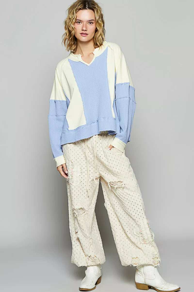 POL Color Block Waffle Knit Raw Hem Sweatshirt - Trendsi - Flyclothing LLC