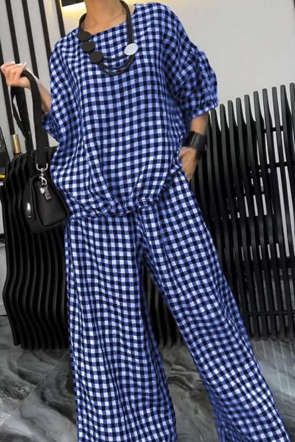 Full Size Plaid Round Neck Half Sleeve Top and Pants Set - Trendsi - Flyclothing LLC