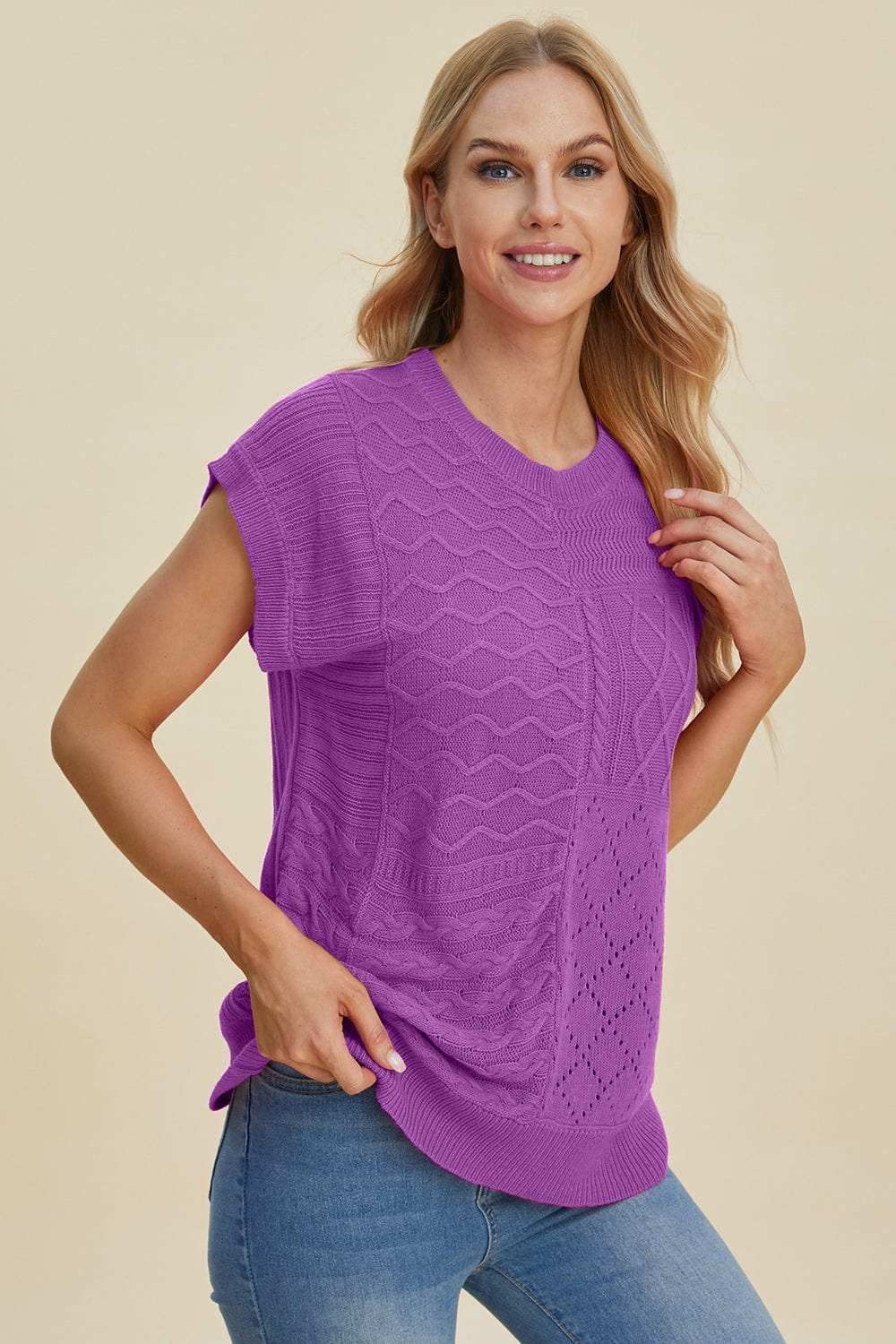 Double Take Full Size Cable-Knit Round Neck Cap Sleeve Sweater - Trendsi - Flyclothing LLC