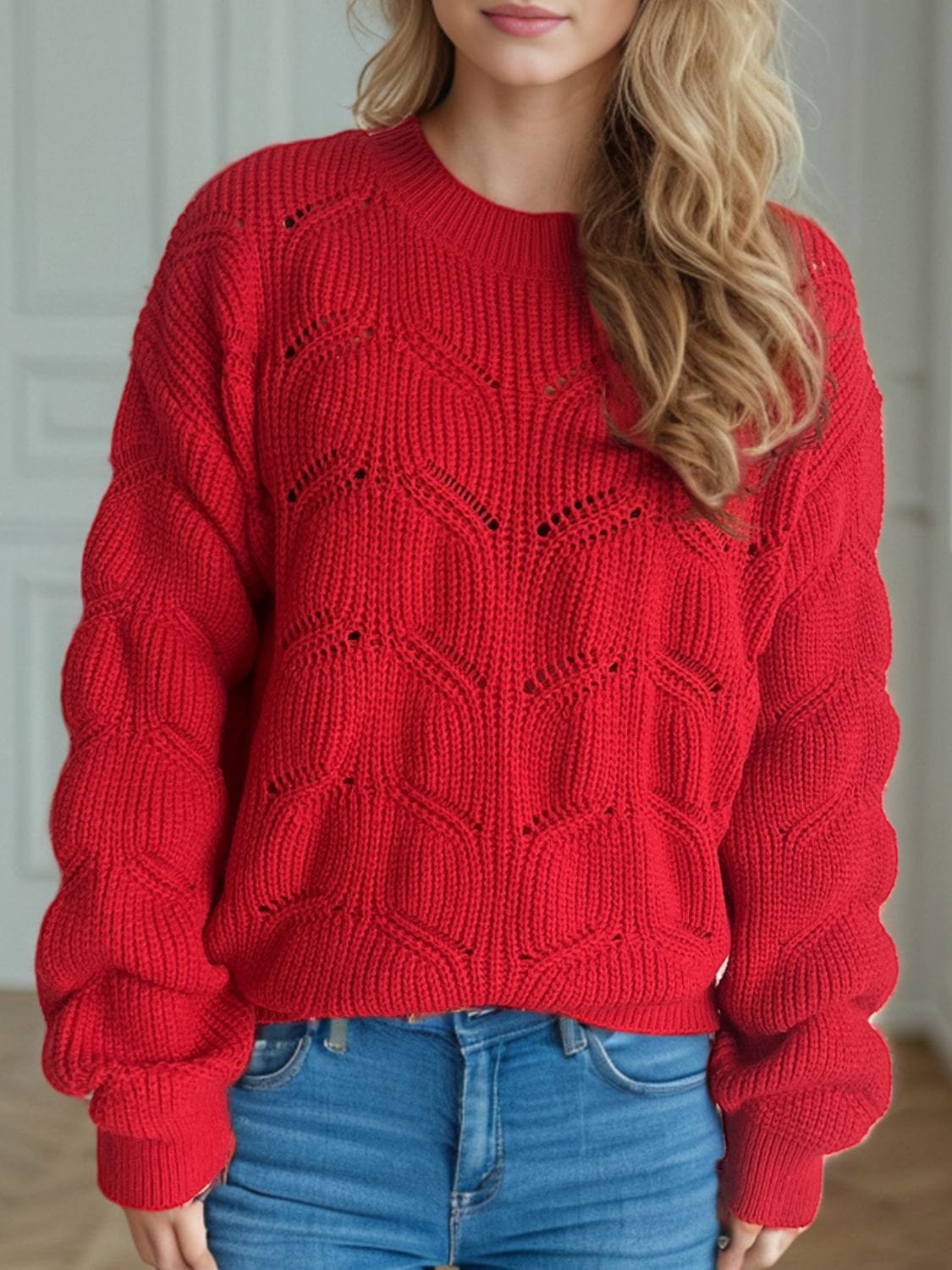 Openwork Round Neck Dropped Shoulder Sweater - Trendsi