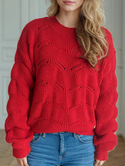 Openwork Round Neck Dropped Shoulder Sweater - Trendsi