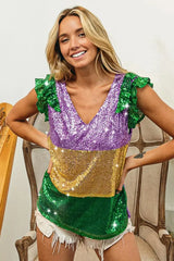 BiBi Mardi Gras Sequin Color Block Ruffled Top - Trendsi - Flyclothing LLC