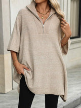 Slit Quarter Zip Half Sleeve Sweater - Trendsi - Flyclothing LLC