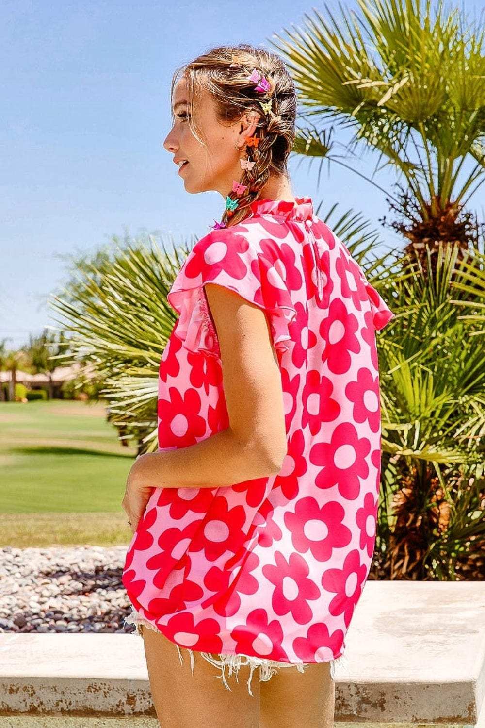 BiBi Floral Contrast Ruffled Top - Trendsi - Flyclothing LLC