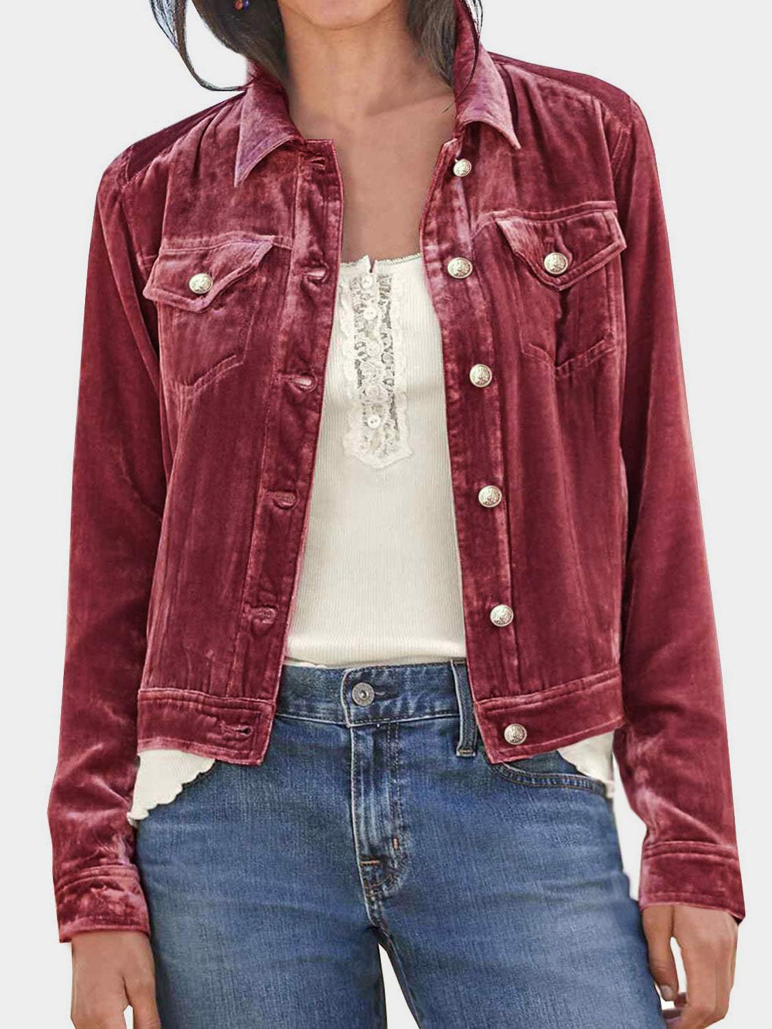 Button Up Long Sleeve Jacket with Chest Pockets - Trendsi - Flyclothing LLC