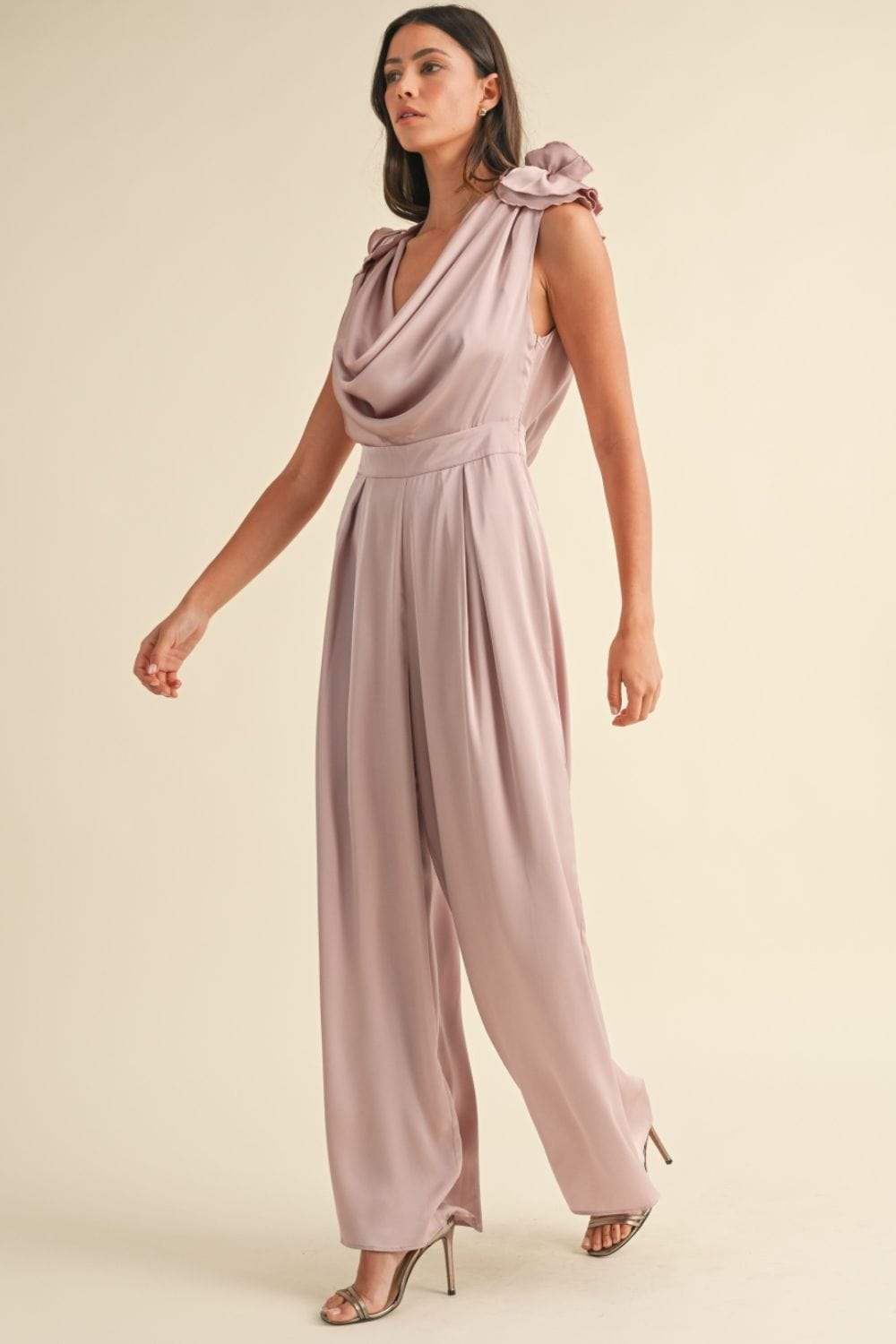 MABLE 3D Floral Applique Deep Cowl Neck Jumpsuit - Trendsi - Flyclothing LLC