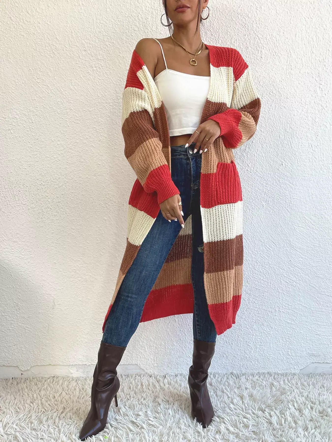 Striped Color Block Open Front Knit Cardigan - Trendsi - Flyclothing LLC