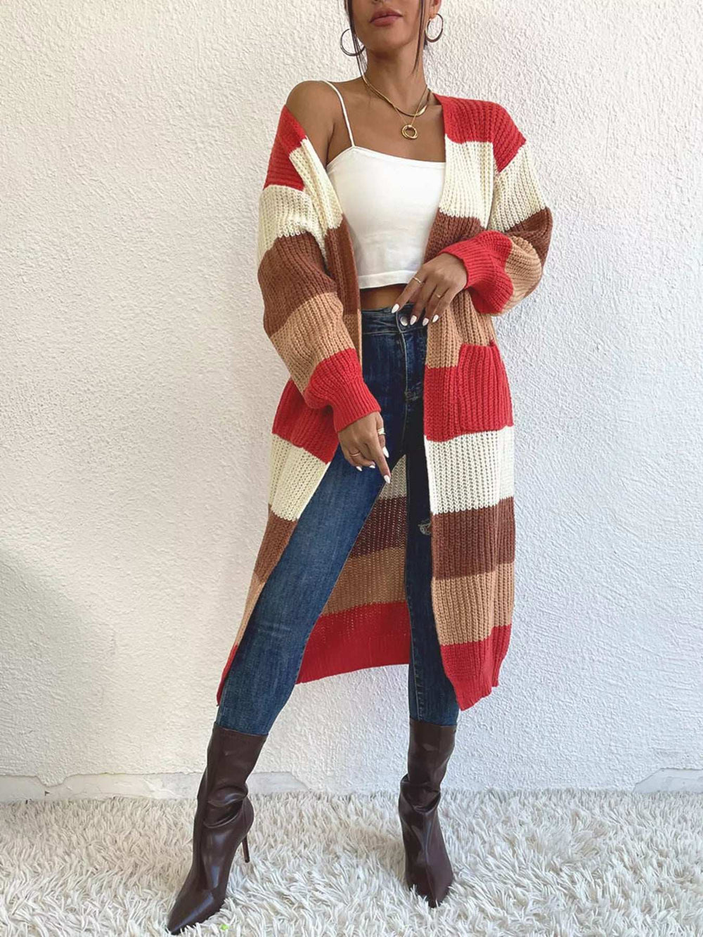 Striped Color Block Open Front Knit Cardigan - Trendsi - Flyclothing LLC