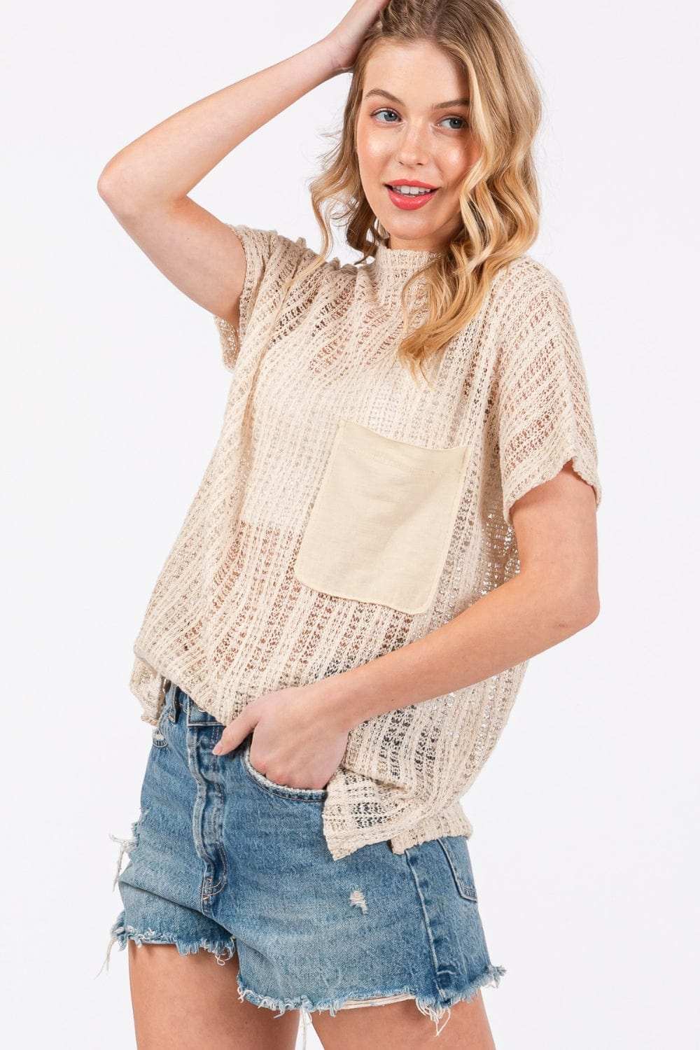Ces Femme See Through Crochet Mock Neck Cover Up - Trendsi - Flyclothing LLC