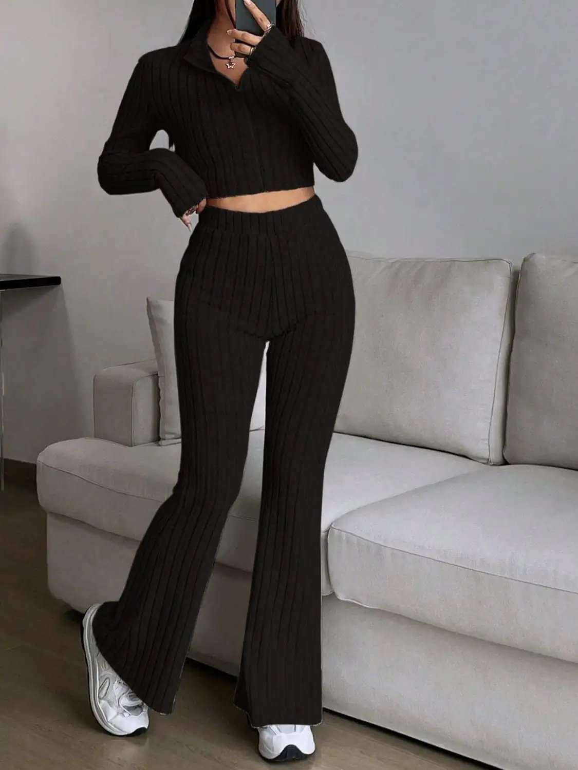 Zip Up Long Sleeve Top and Pants Set - Trendsi - Flyclothing LLC