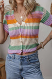 Contrast Striped V Neck Short Sleeve Pointelle Knit Top - Trendsi - Flyclothing LLC