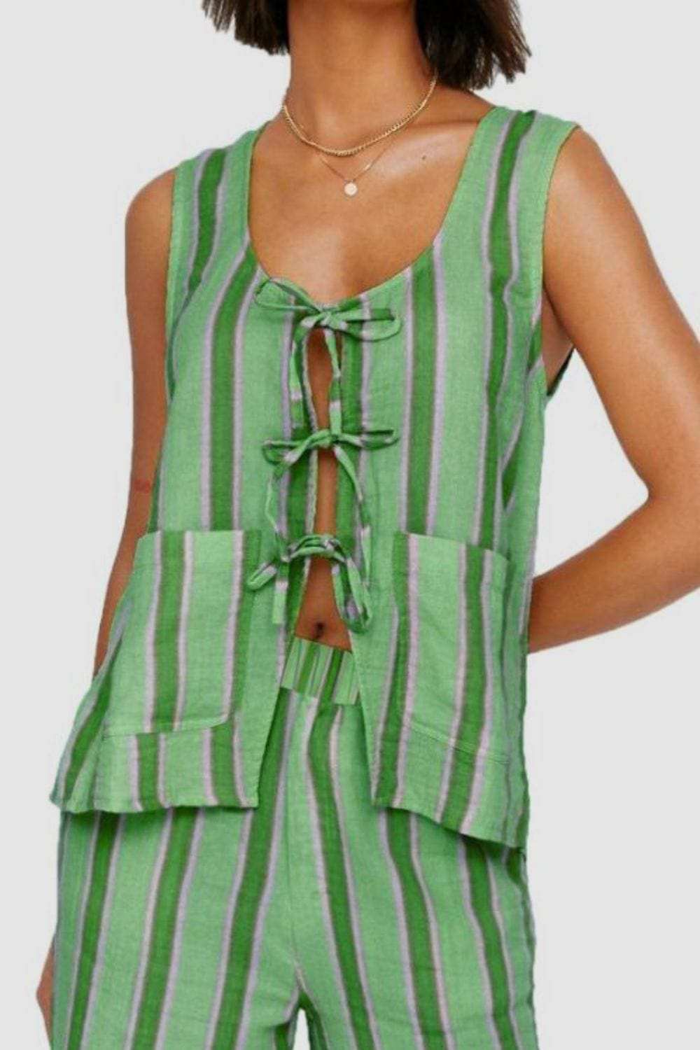 Tied Front Striped Top and Pants Set - Trendsi - Flyclothing LLC