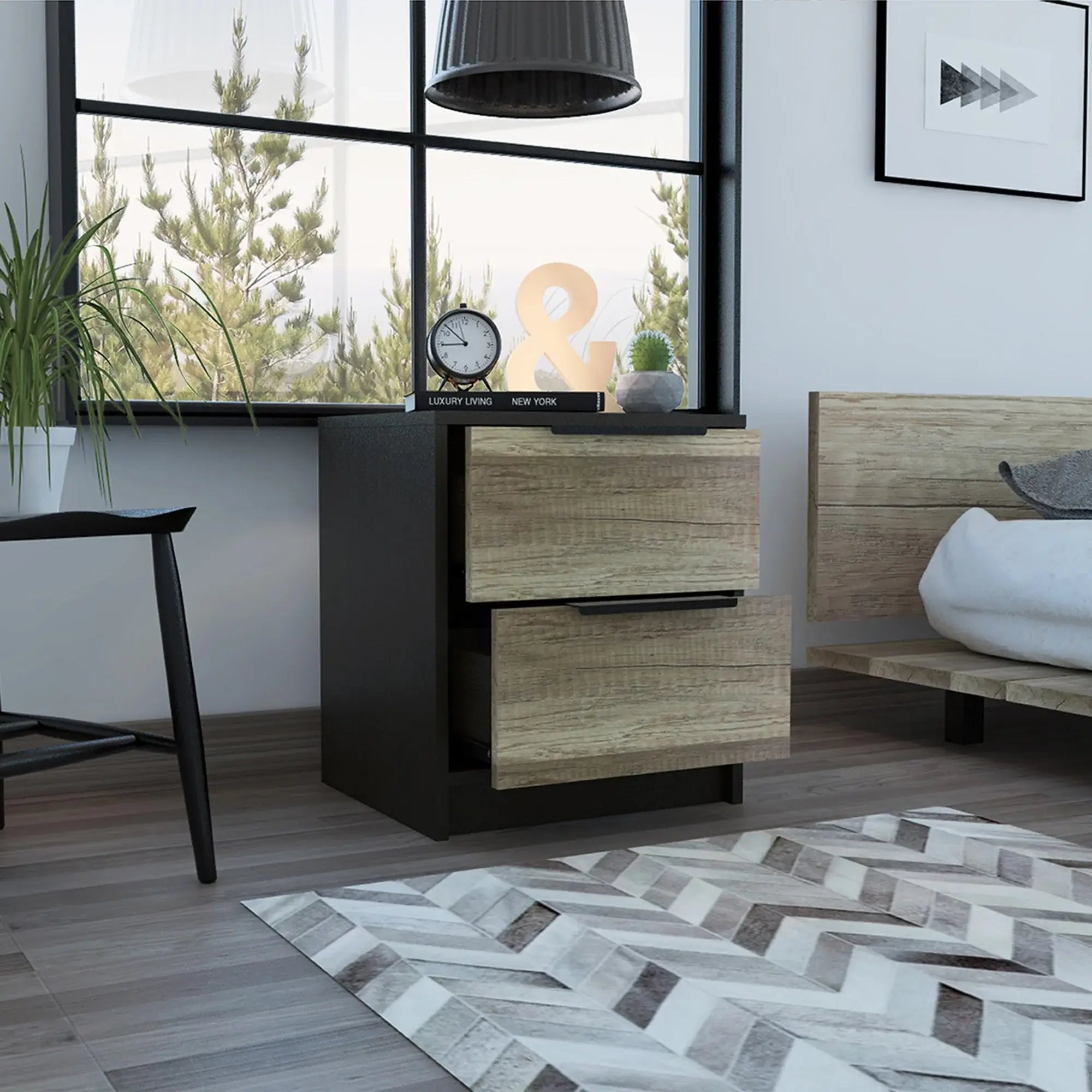 Black Open Compartment Two Drawer Nightstand - Homeroots - Flyclothing LLC