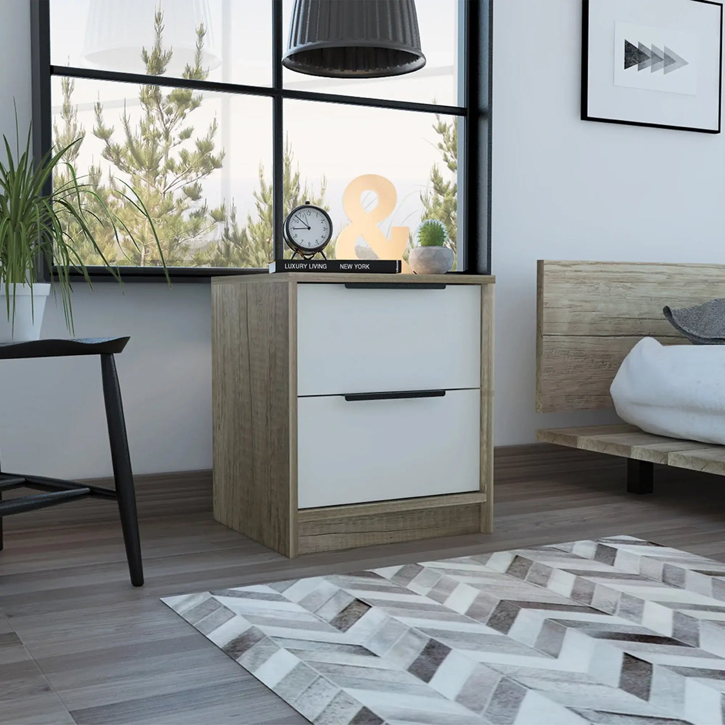 Mod Light Oak and White Two Drawer Nightstand - Homeroots - Flyclothing LLC