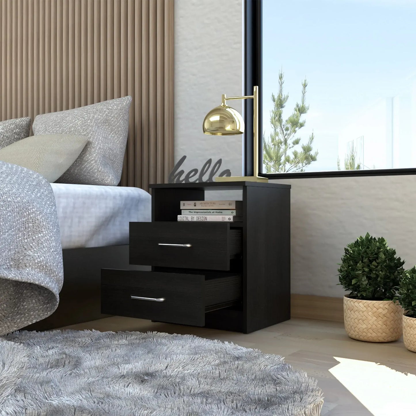 Brown Open Compartment Two Drawer Nightstand - Homeroots - Flyclothing LLC