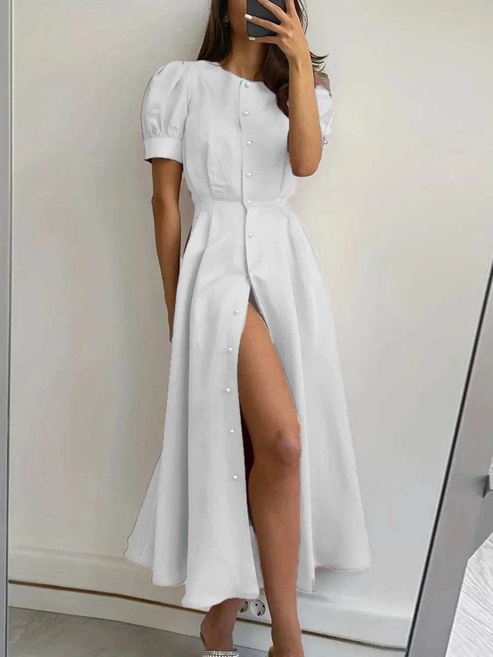 Button Down Short Sleeve Dress - Trendsi - Flyclothing LLC