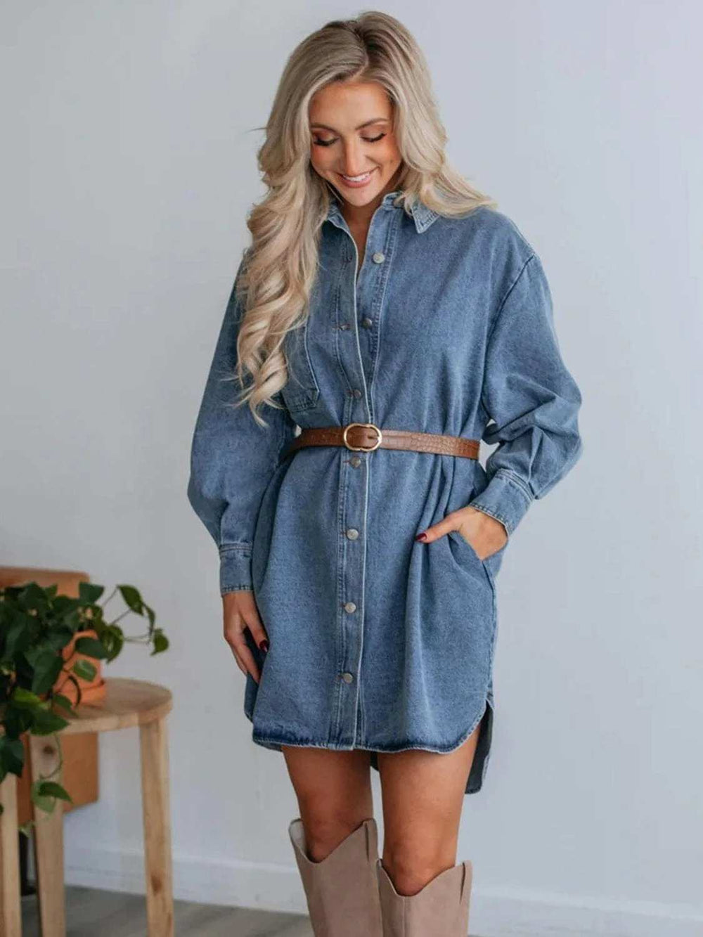 Button Up Collared Neck Long Sleeve Denim Dress - Trendsi - Flyclothing LLC