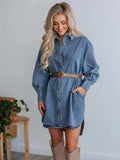 Button Up Collared Neck Long Sleeve Denim Dress - Trendsi - Flyclothing LLC