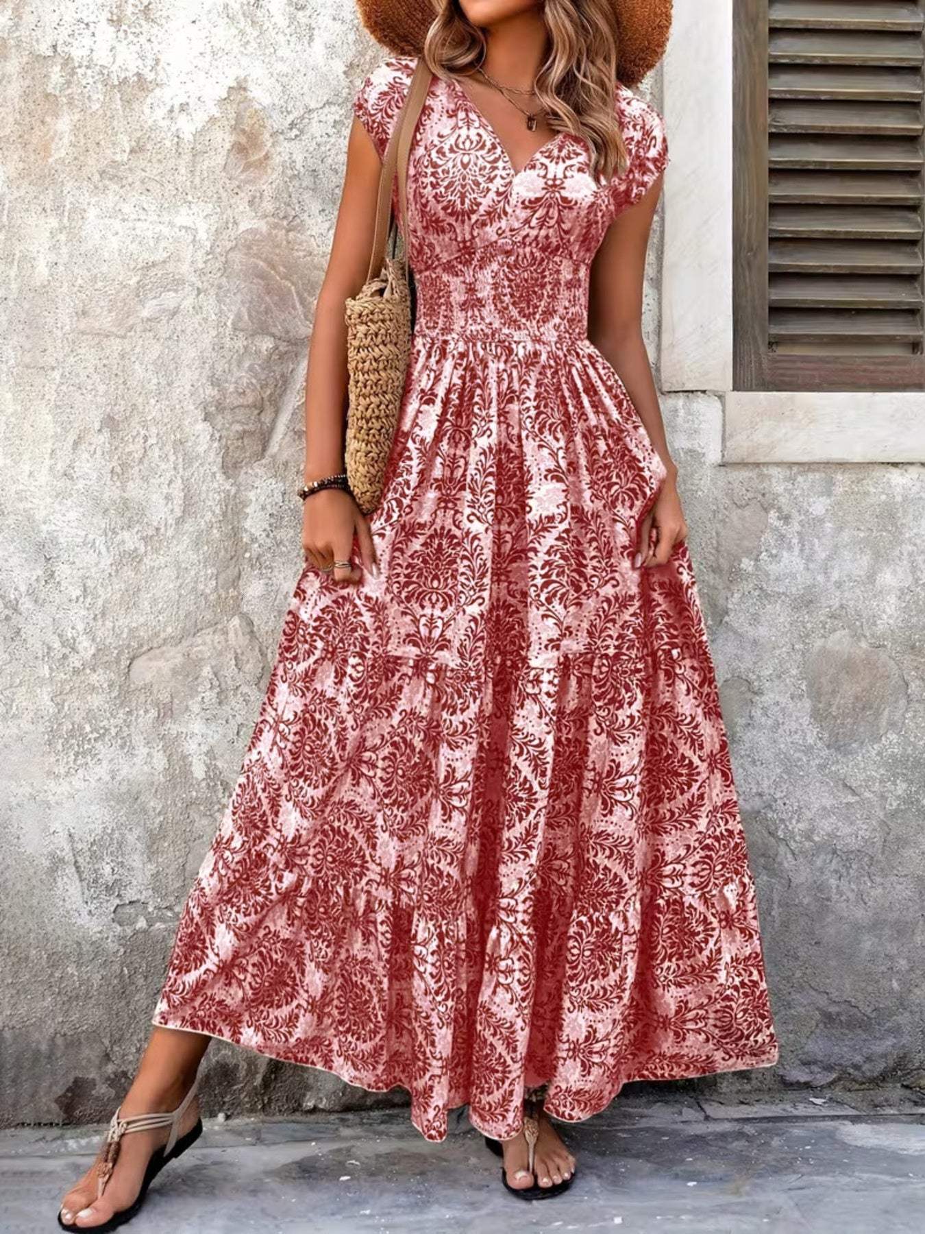 Printed Cap Sleeve Maxi Dress - Trendsi - Flyclothing LLC