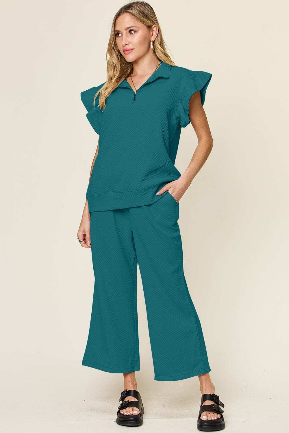 Double Take Texture Ruffle Short Sleeve Top and Drawstring Wide Leg Pants Set - Trendsi - Flyclothing LLC