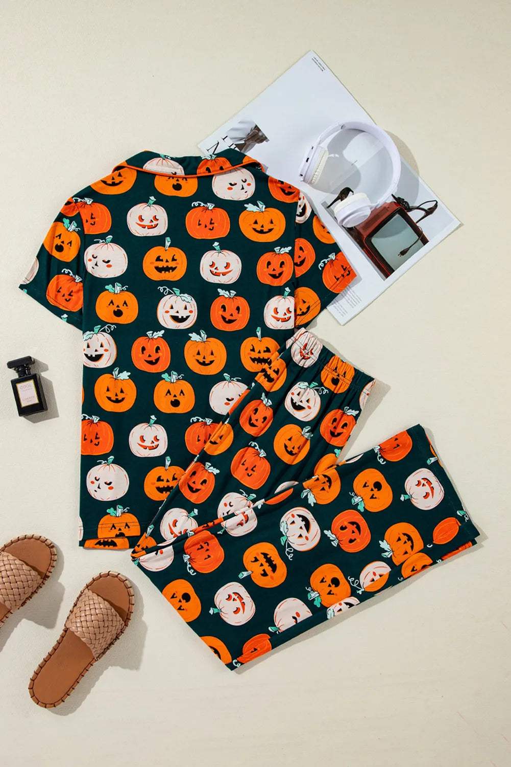 Pumpkin Printed Short Sleeve Top and Pants Lounge Set - Trendsi - Flyclothing LLC