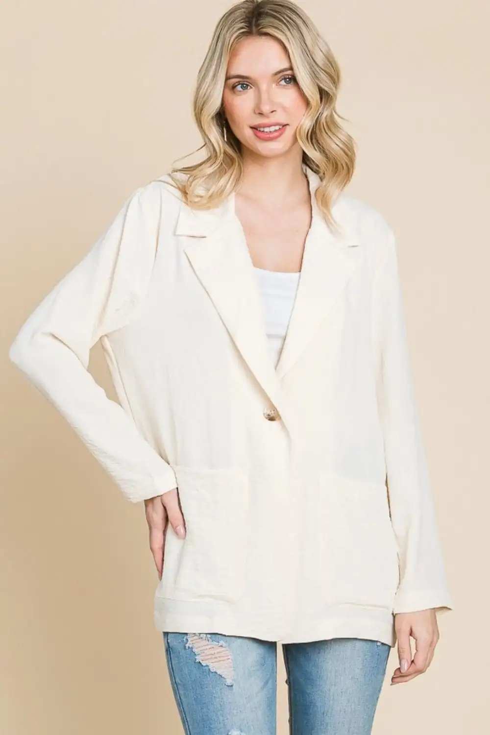 Culture Code One Button Long Sleeve Blazer with Pockets - Trendsi - Flyclothing LLC