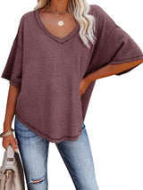 Waffle Knit V-Neck Short Sleeve T-Shirt - Trendsi - Flyclothing LLC