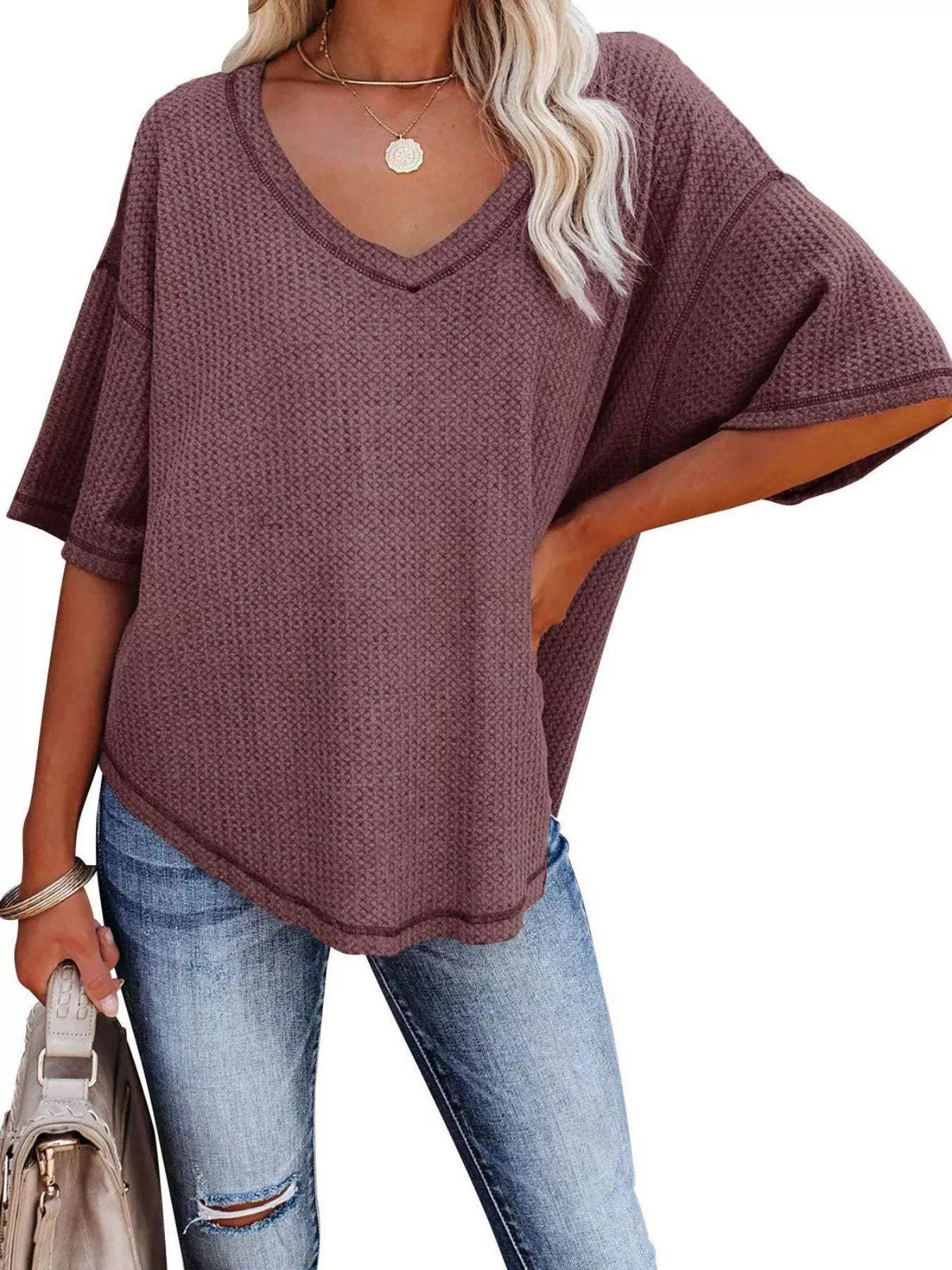 Waffle Knit V-Neck Short Sleeve T-Shirt - Trendsi - Flyclothing LLC