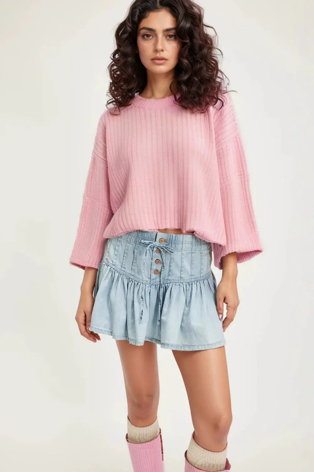 Buttoned Ruffled Mini Denim Skirt - Trendsi - Flyclothing LLC