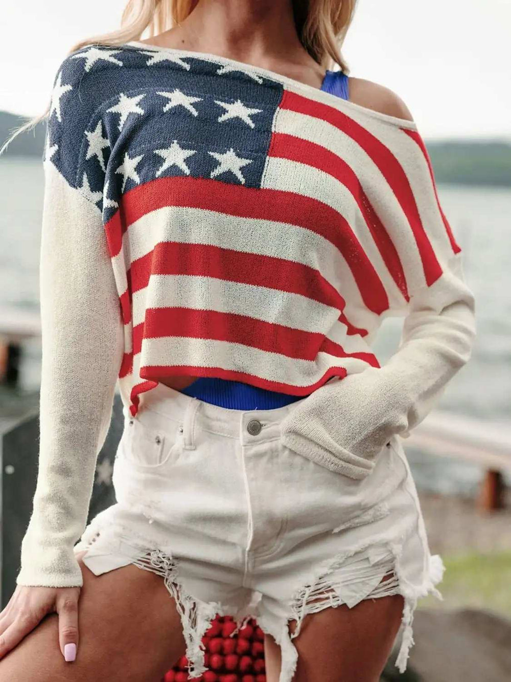 US Flag Boat Neck Long Sleeve Knit Top - Trendsi - Flyclothing LLC