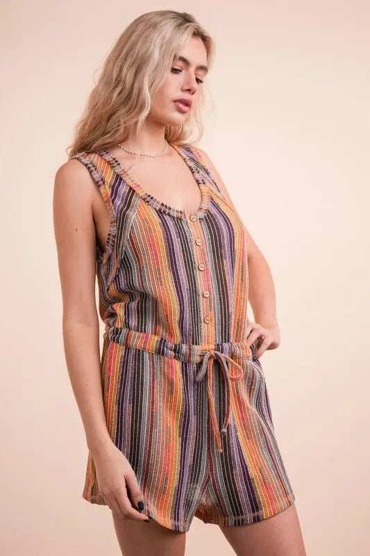 VERY J Crochet Multi Color Striped Casual Summer Romper - Trendsi - Flyclothing LLC