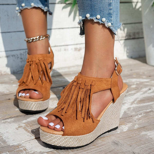 Fringe Peep Toe Wedge Sandals - Trendsi - Flyclothing LLC