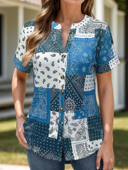 Printed Notched Short Sleeve Blouse - Trendsi