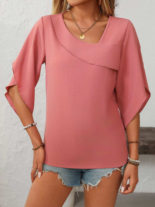Mandy Ruffled Asymmetrical Neck Half Sleeve Blouse - Trendsi - Flyclothing LLC