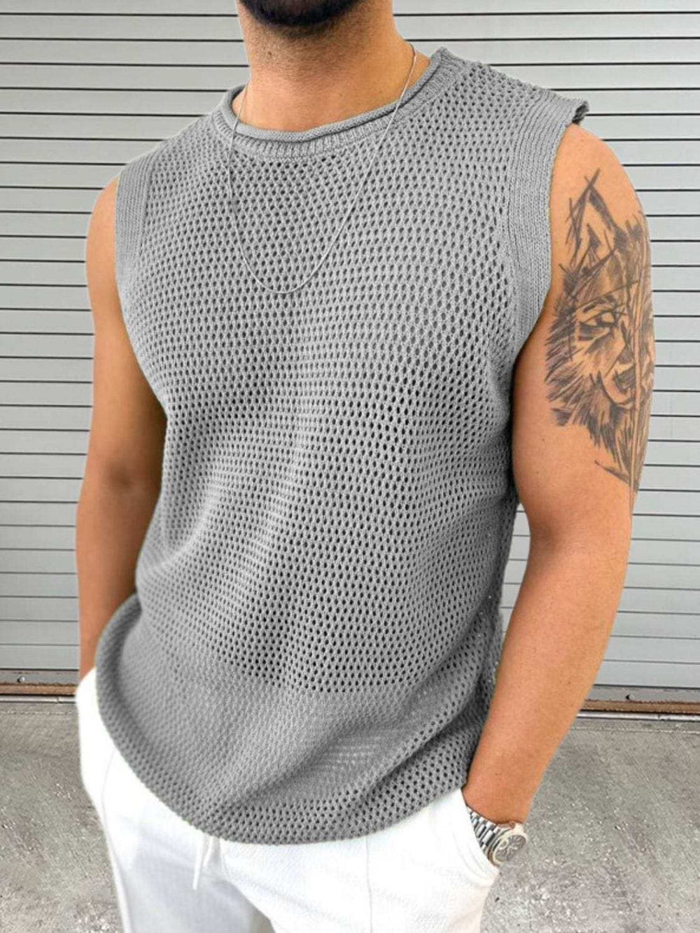 Men's Openwork Round Neck Sleeveless Knit Top - Trendsi - Flyclothing LLC