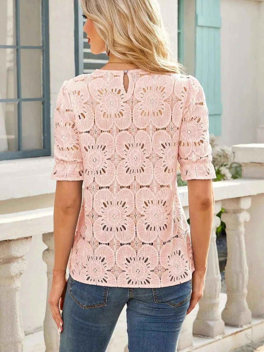 Openwork Round Neck Short Sleeve Top - Trendsi - Flyclothing LLC