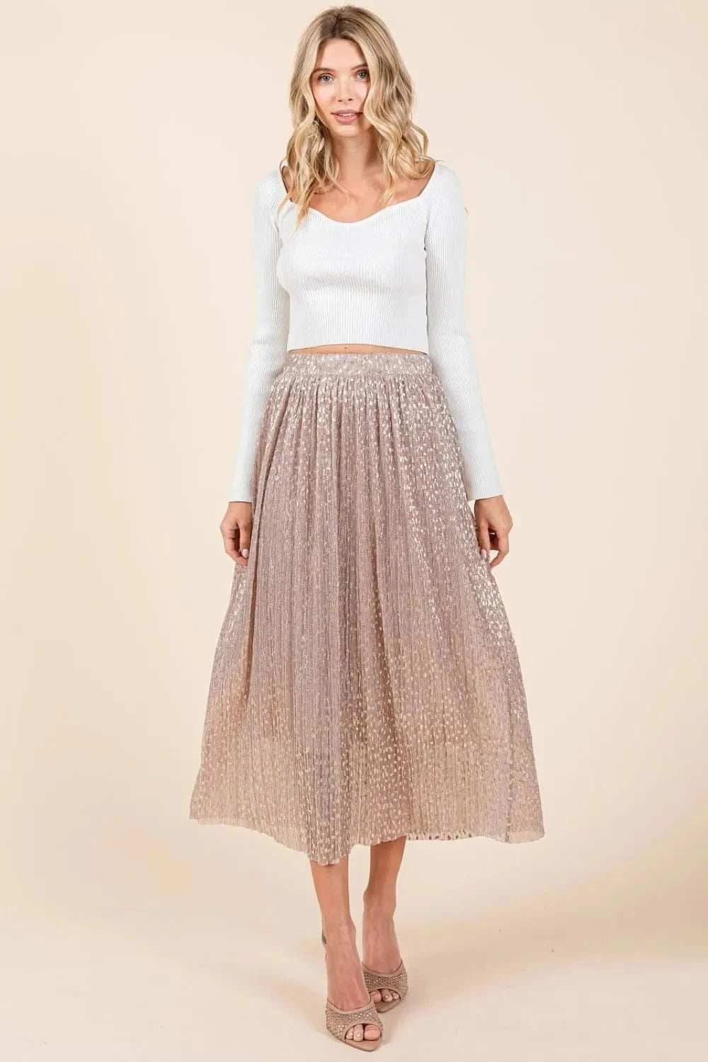 Mittoshop Metallic Glitter Speckle Print Elastic Midi Skirt - Trendsi - Flyclothing LLC